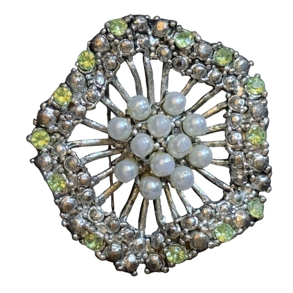 Vintage Silver-Tone Brooch With Faux Pearls & Green Rhinestones